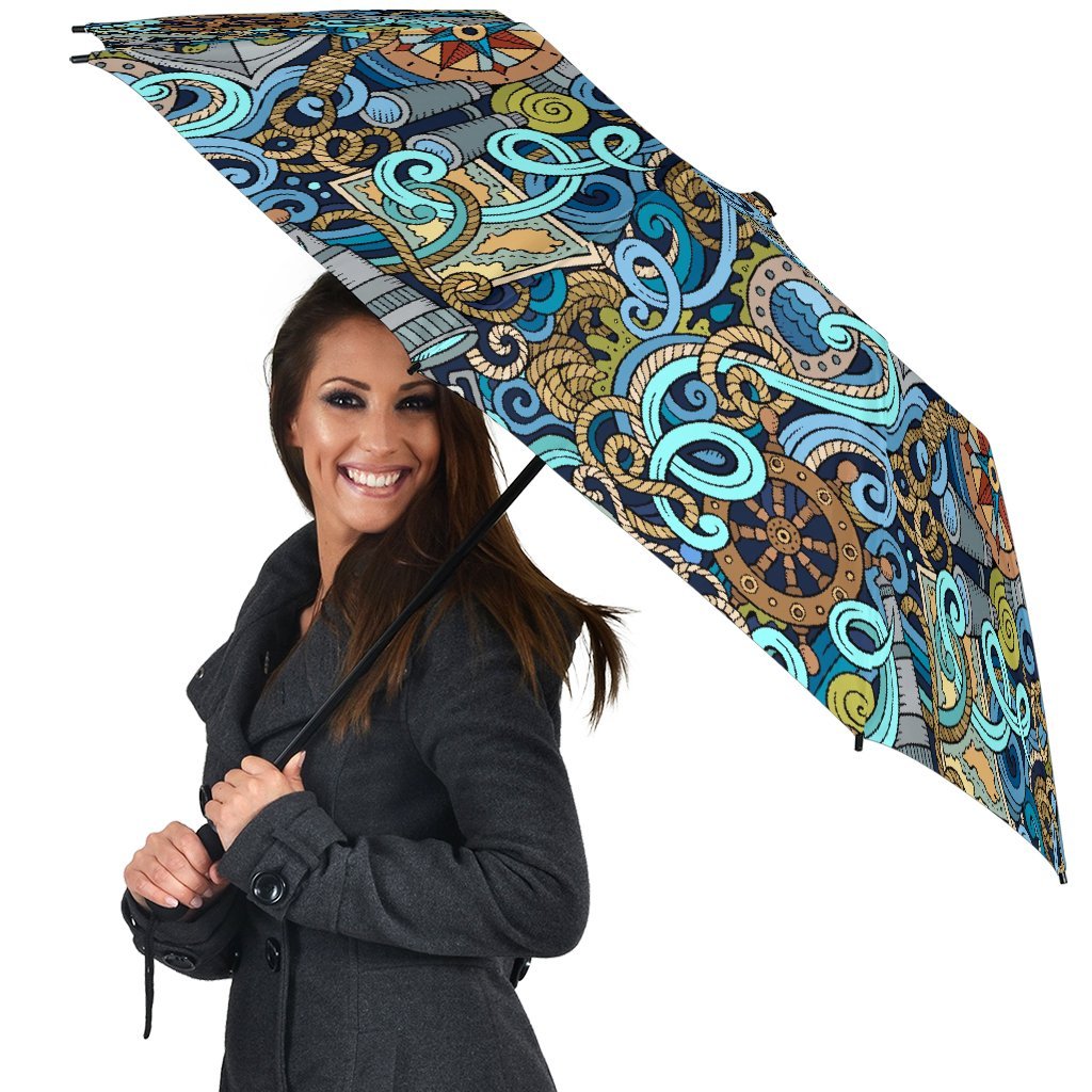 Compass Pattern Print Automatic Foldable Umbrella-grizzshop