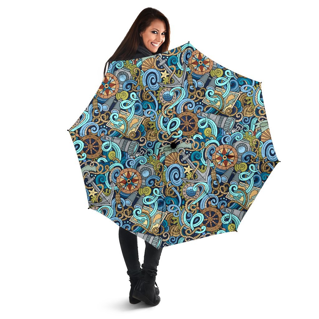 Compass Pattern Print Automatic Foldable Umbrella-grizzshop