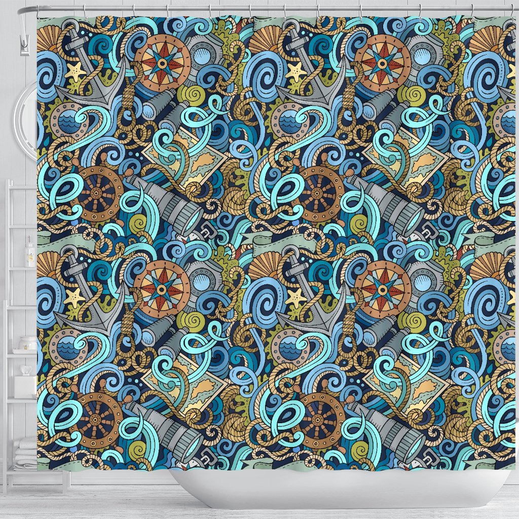 Compass Pattern Print Bathroom Shower Curtain-grizzshop