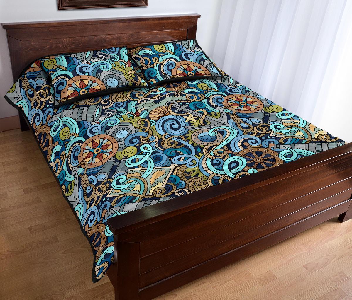 Compass Pattern Print Bed Set Quilt-grizzshop