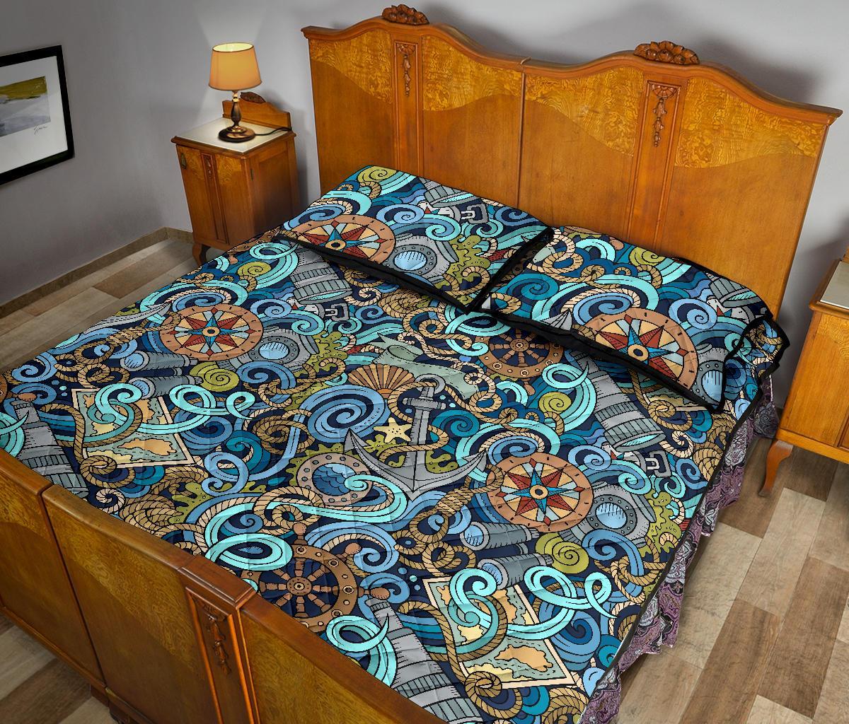 Compass Pattern Print Bed Set Quilt-grizzshop