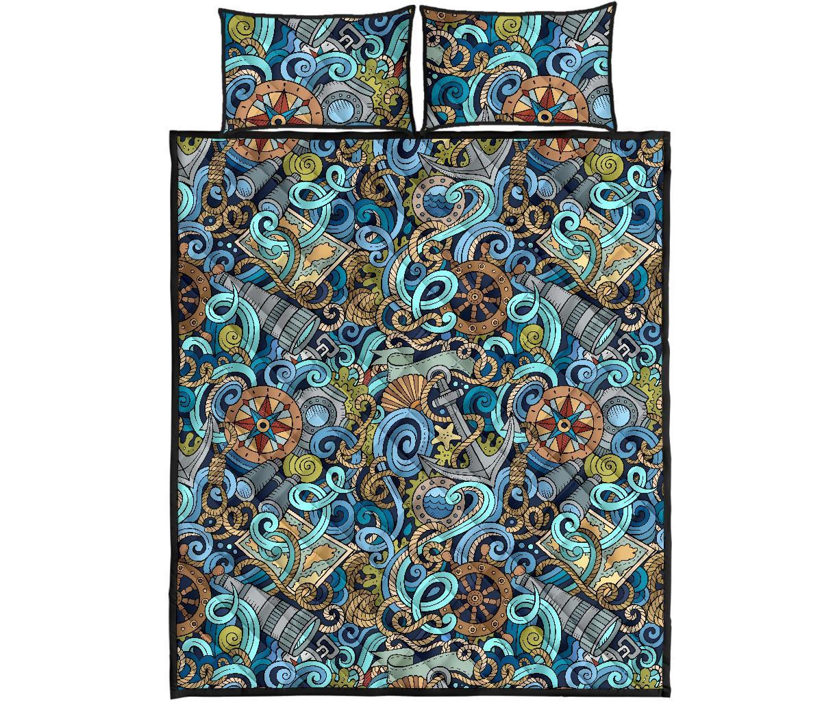 Compass Pattern Print Bed Set Quilt-grizzshop