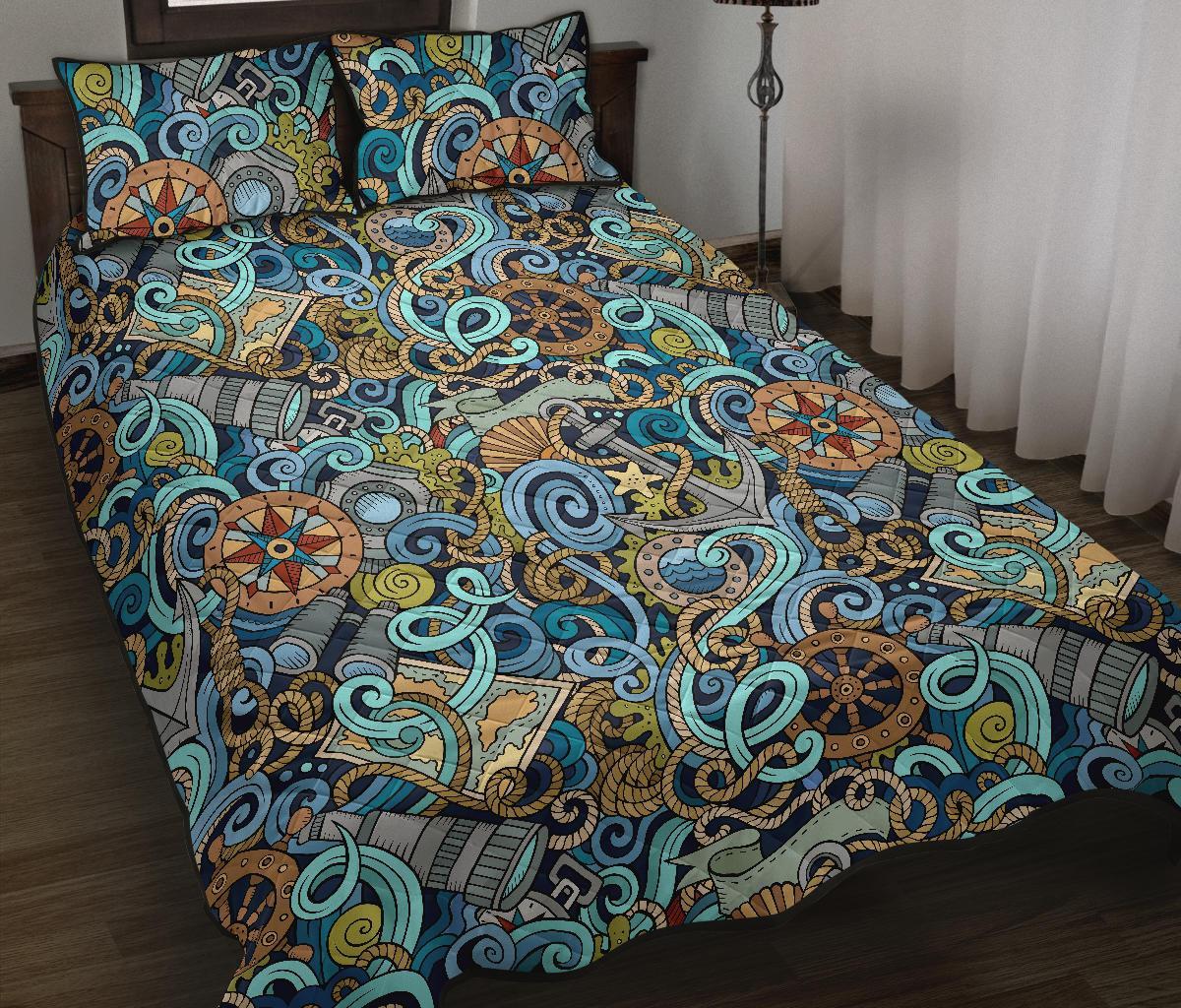 Compass Pattern Print Bed Set Quilt-grizzshop