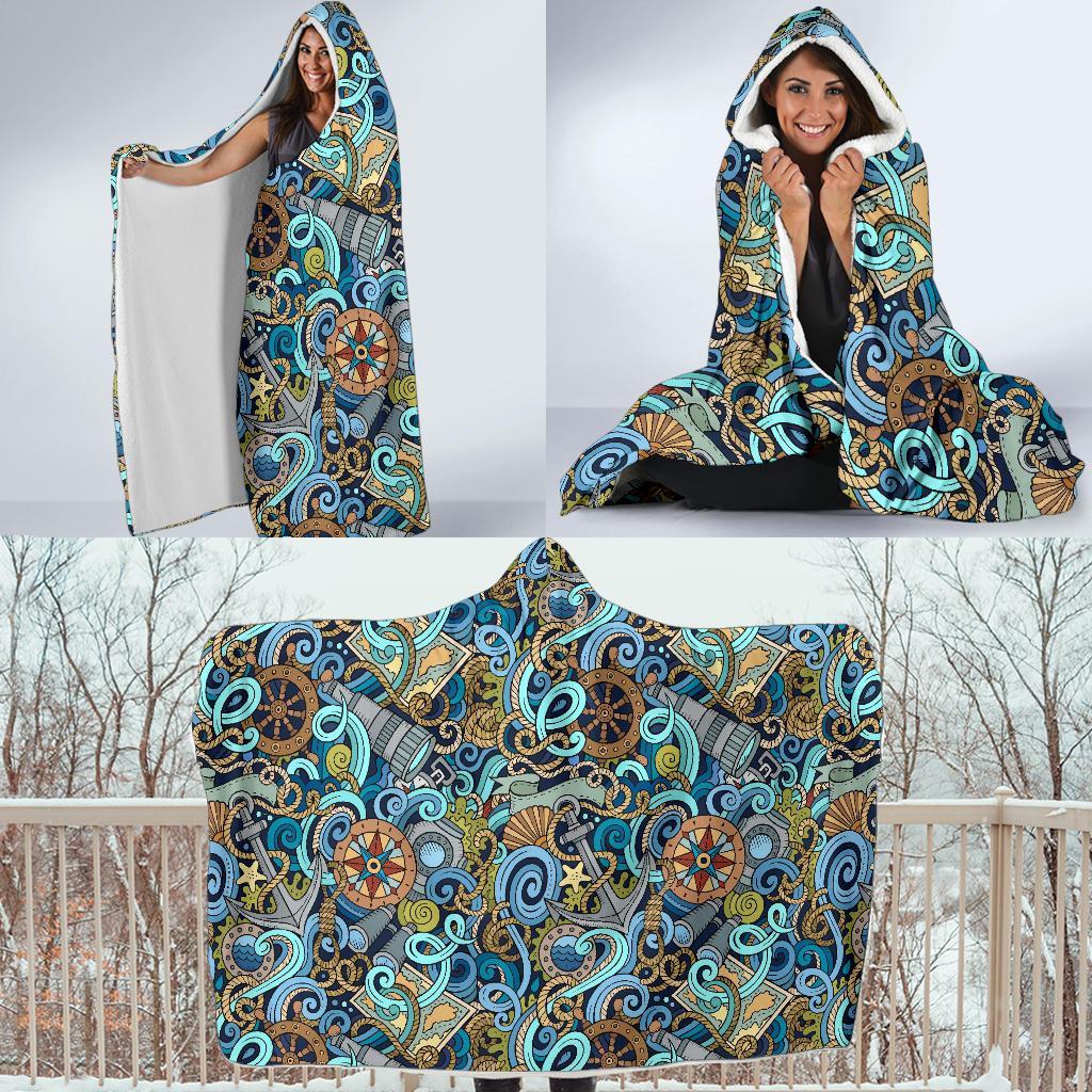 Compass Pattern Print Hooded Blanket-grizzshop