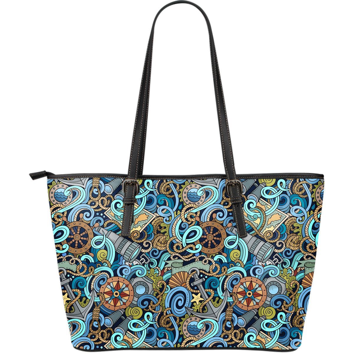 Compass Pattern Print Leather Tote Bag-grizzshop