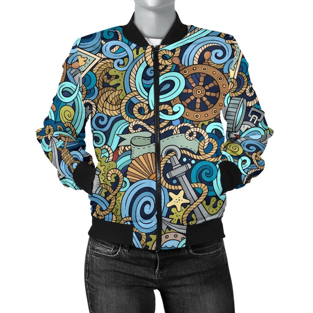 Compass Pattern Print Women Casual Bomber Jacket-grizzshop