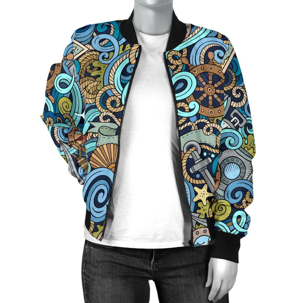 Compass Pattern Print Women Casual Bomber Jacket-grizzshop