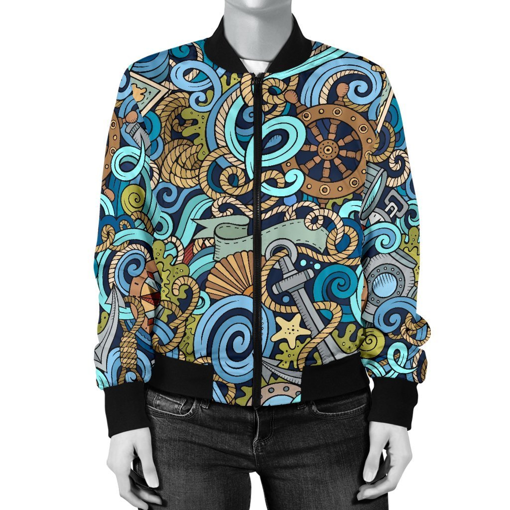 Compass Pattern Print Women Casual Bomber Jacket-grizzshop