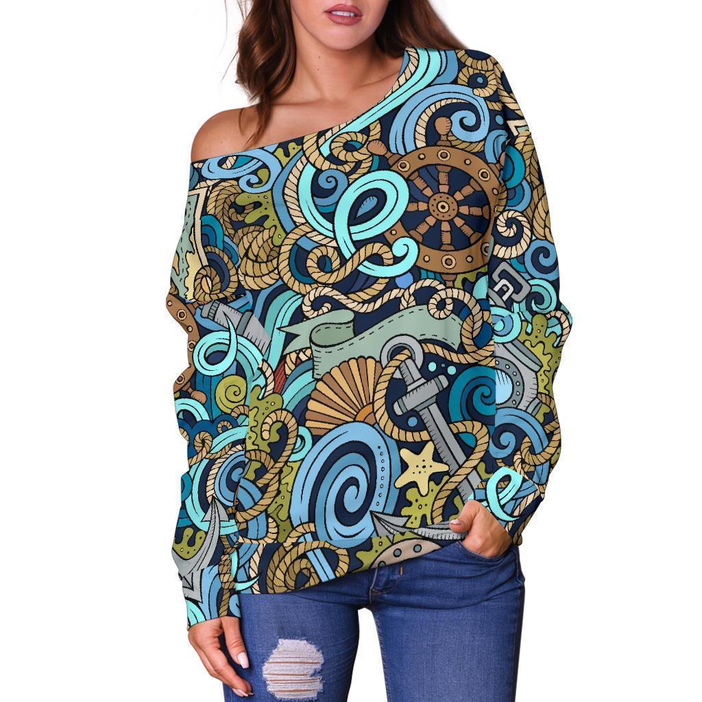 Compass Pattern Print Women Off Shoulder Sweatshirt-grizzshop