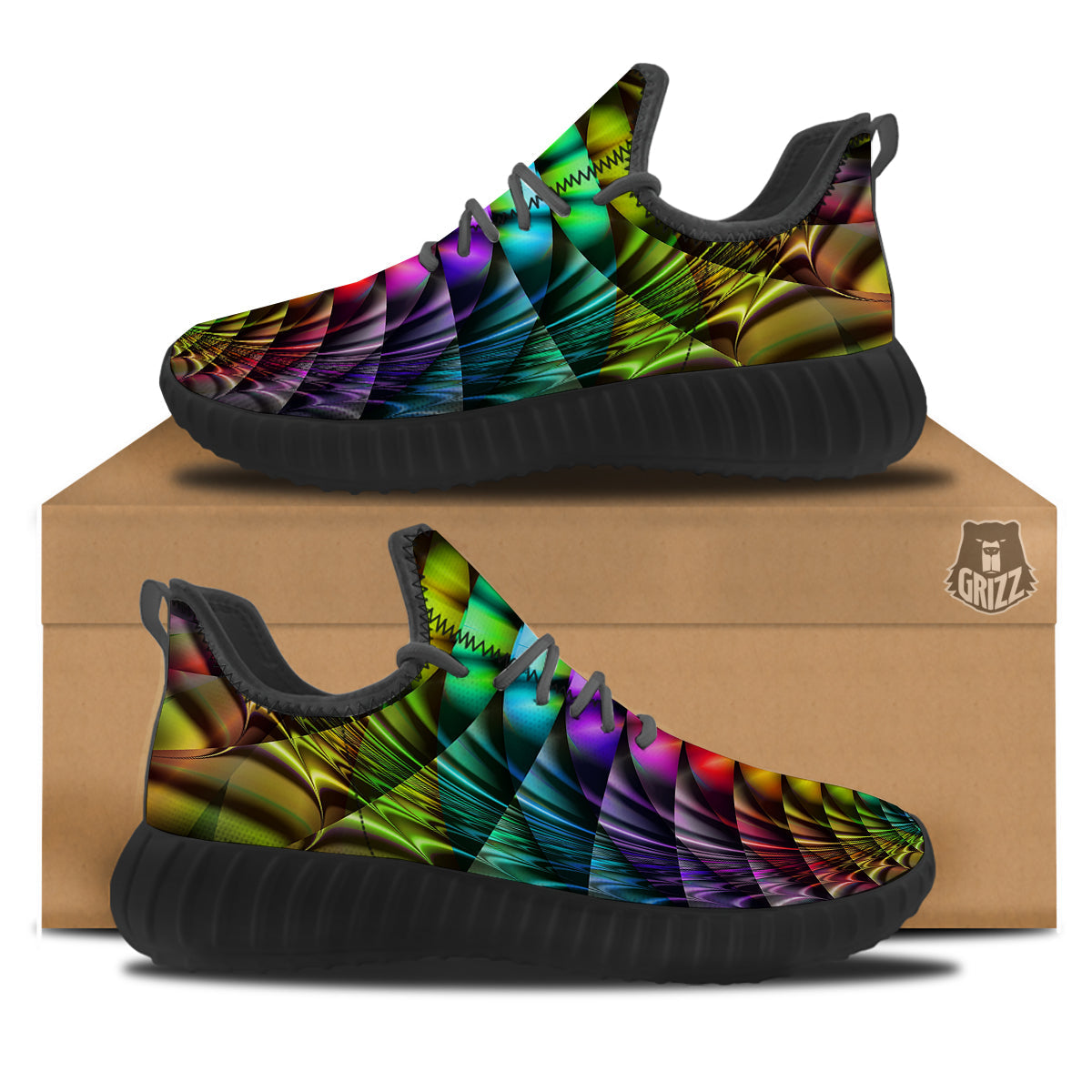 Computer Generated Colorful Fractal Print Black Walking Shoes-grizzshop