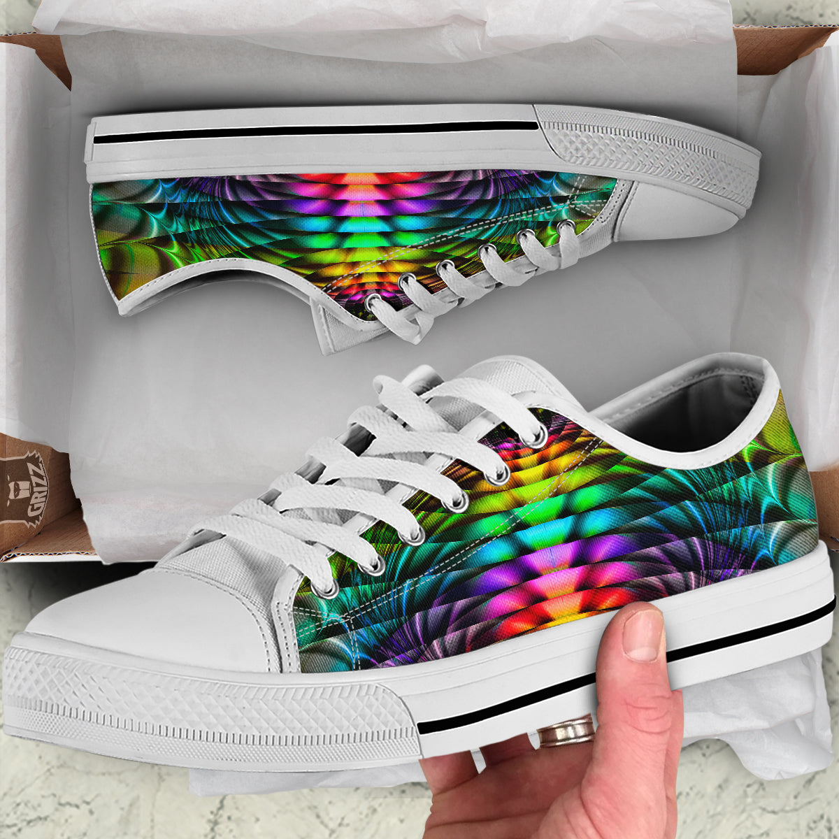 Computer Generated Colorful Fractal Print White Low Top Shoes-grizzshop