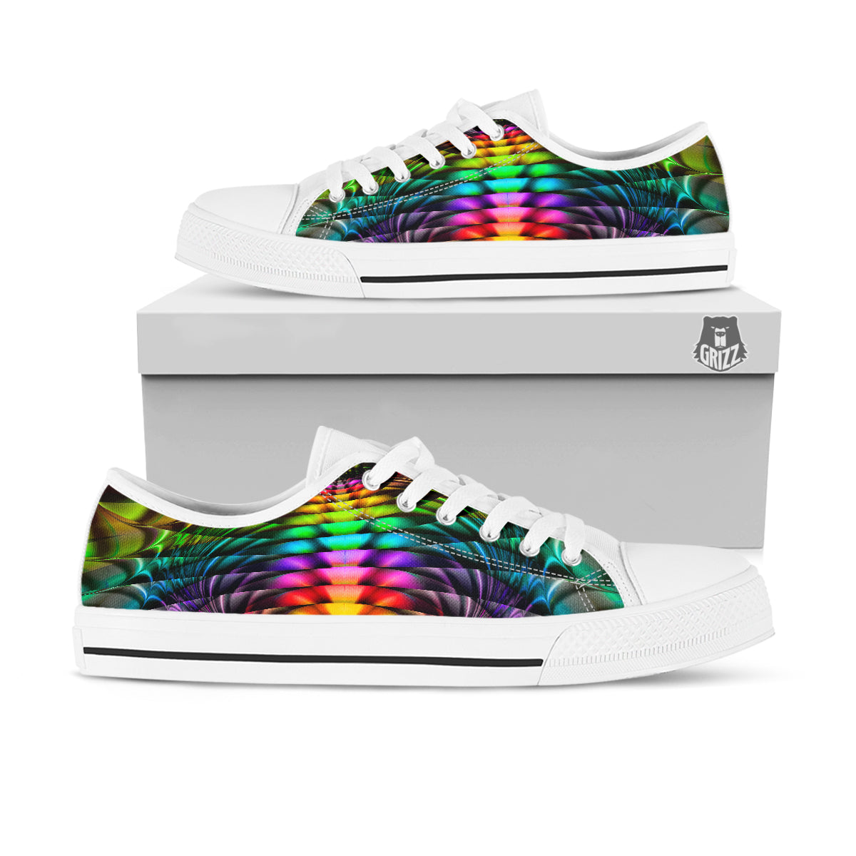 Computer Generated Colorful Fractal Print White Low Top Shoes-grizzshop