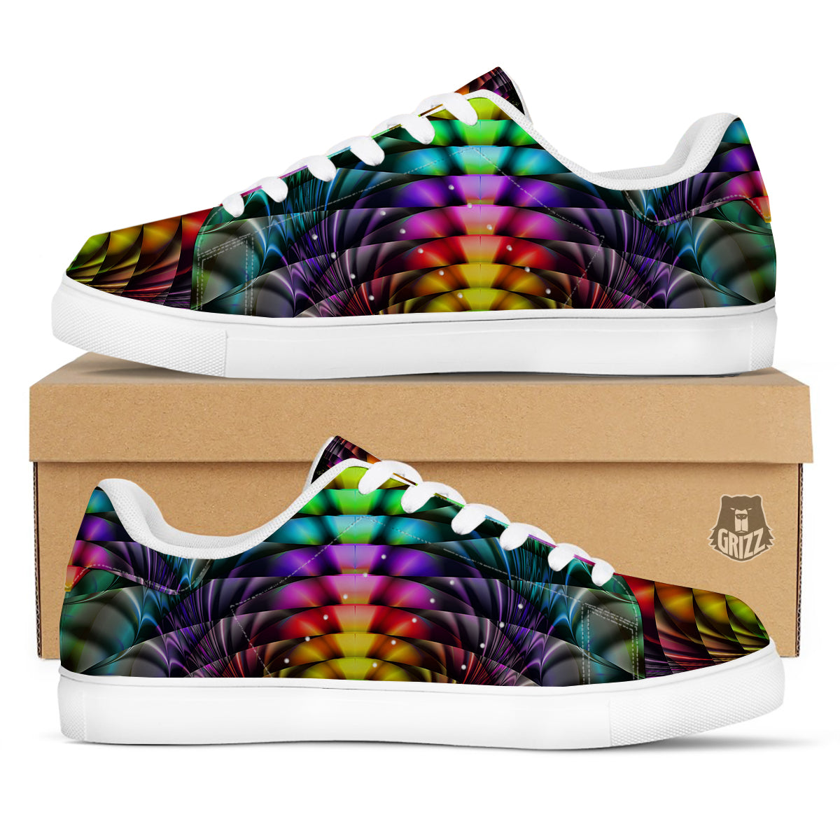 Computer Generated Colorful Fractal Print White Low Top Sneakers-grizzshop