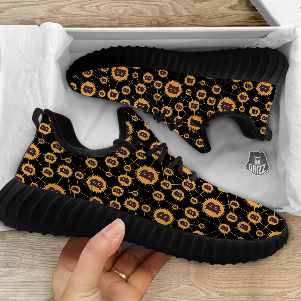 Connection Bitcoin Print Pattern Black Walking Shoes-grizzshop