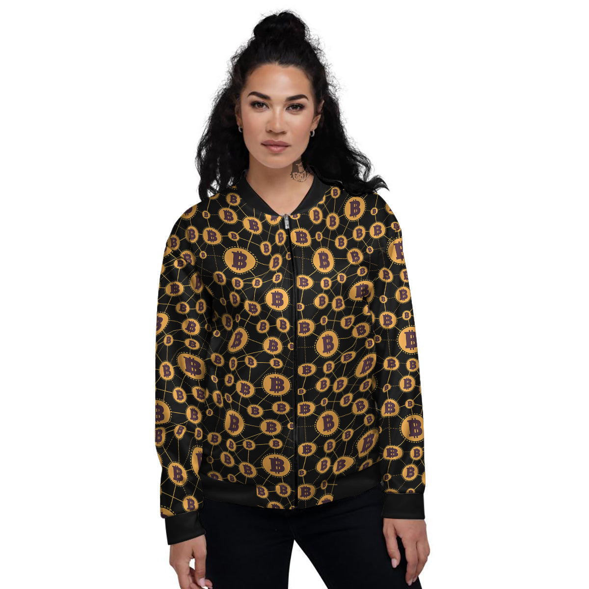 Connection Bitcoin Print Pattern Women's Bomber Jacket-grizzshop
