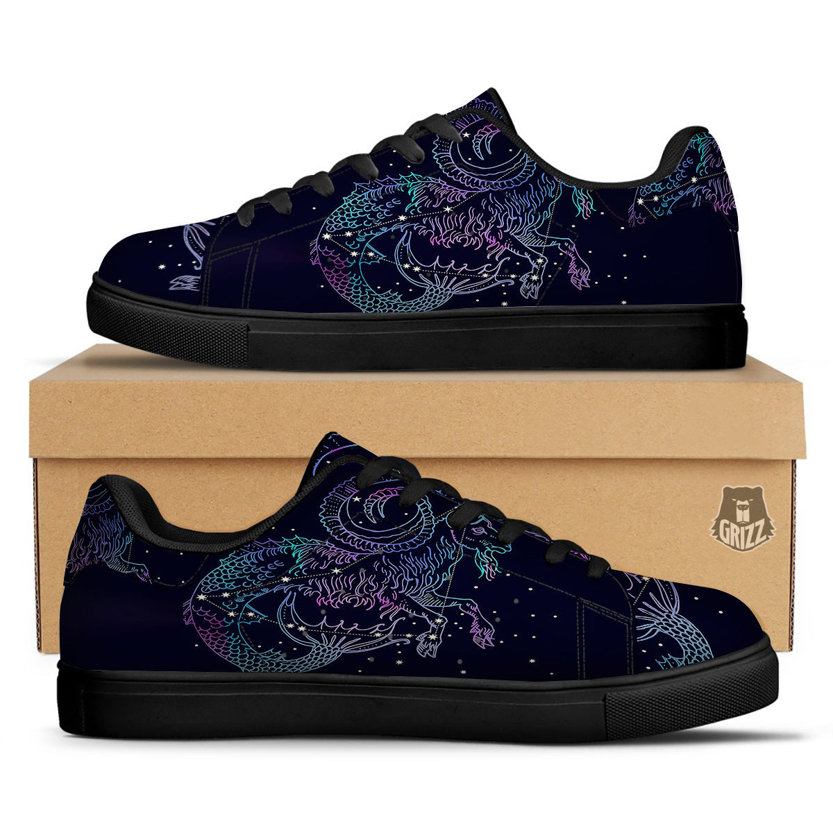 Constellation Capricorn Print Black Low Top Sneakers-grizzshop