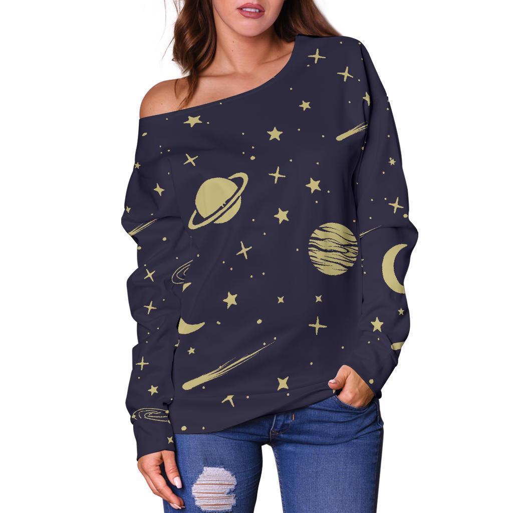 Constellation Pattern Print Women Off Shoulder Sweatshirt-grizzshop