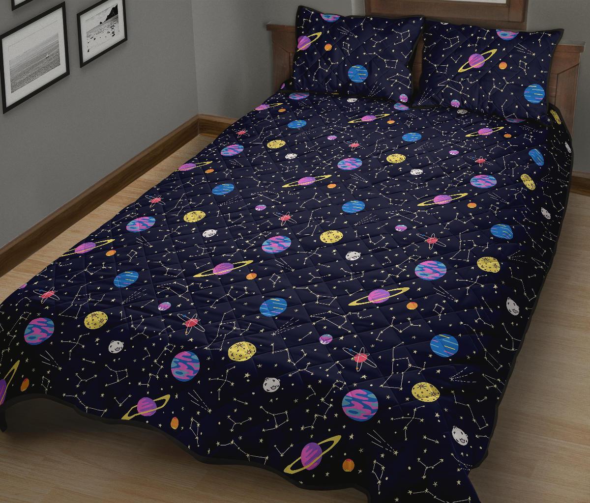 Constellation Planet Print Pattern Bed Set Quilt-grizzshop