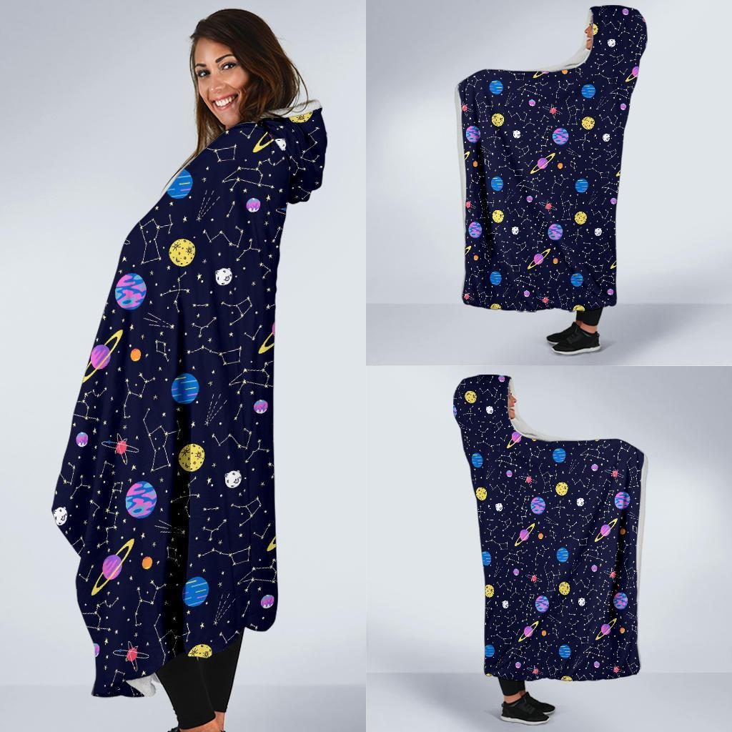 Constellation Planet Print Pattern Hooded Blanket-grizzshop