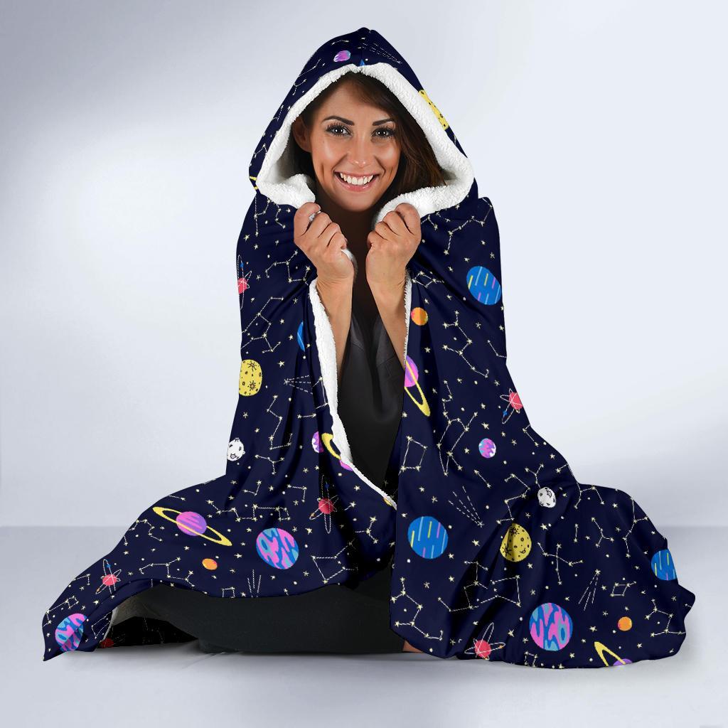 Constellation Planet Print Pattern Hooded Blanket-grizzshop