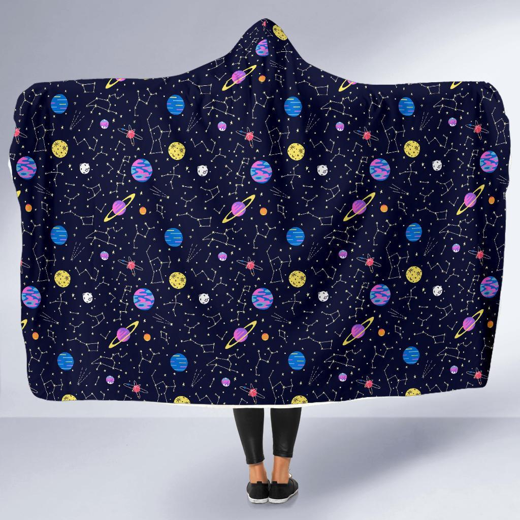 Constellation Planet Print Pattern Hooded Blanket-grizzshop