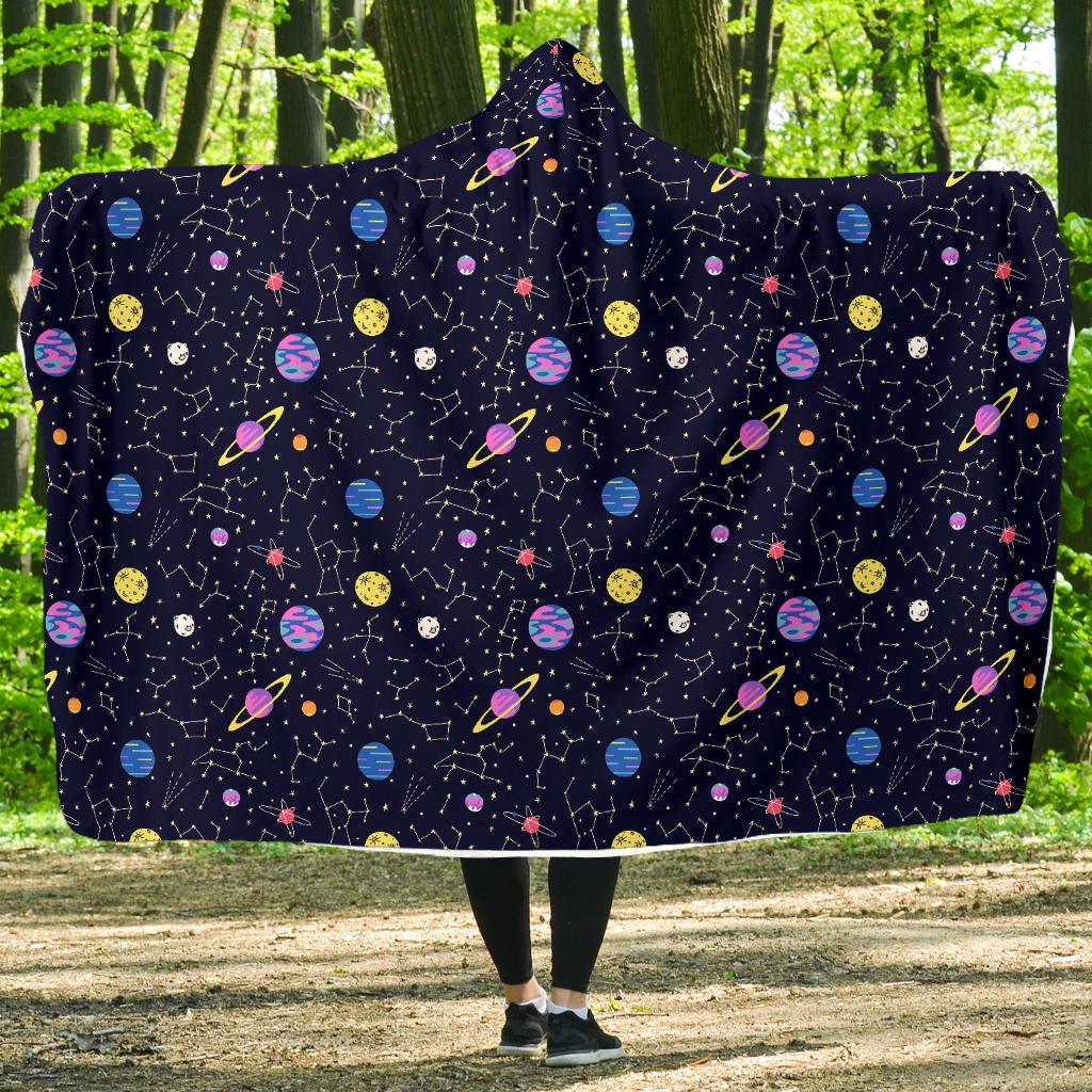 Constellation Planet Print Pattern Hooded Blanket-grizzshop