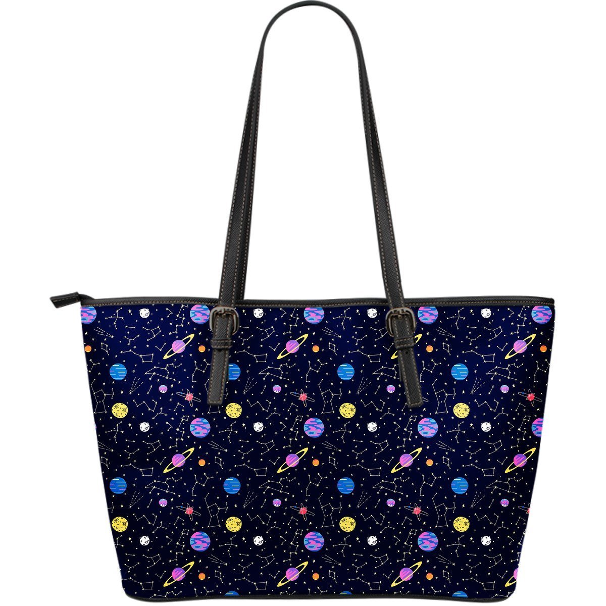 Constellation Planet Print Pattern Leather Tote Bag-grizzshop