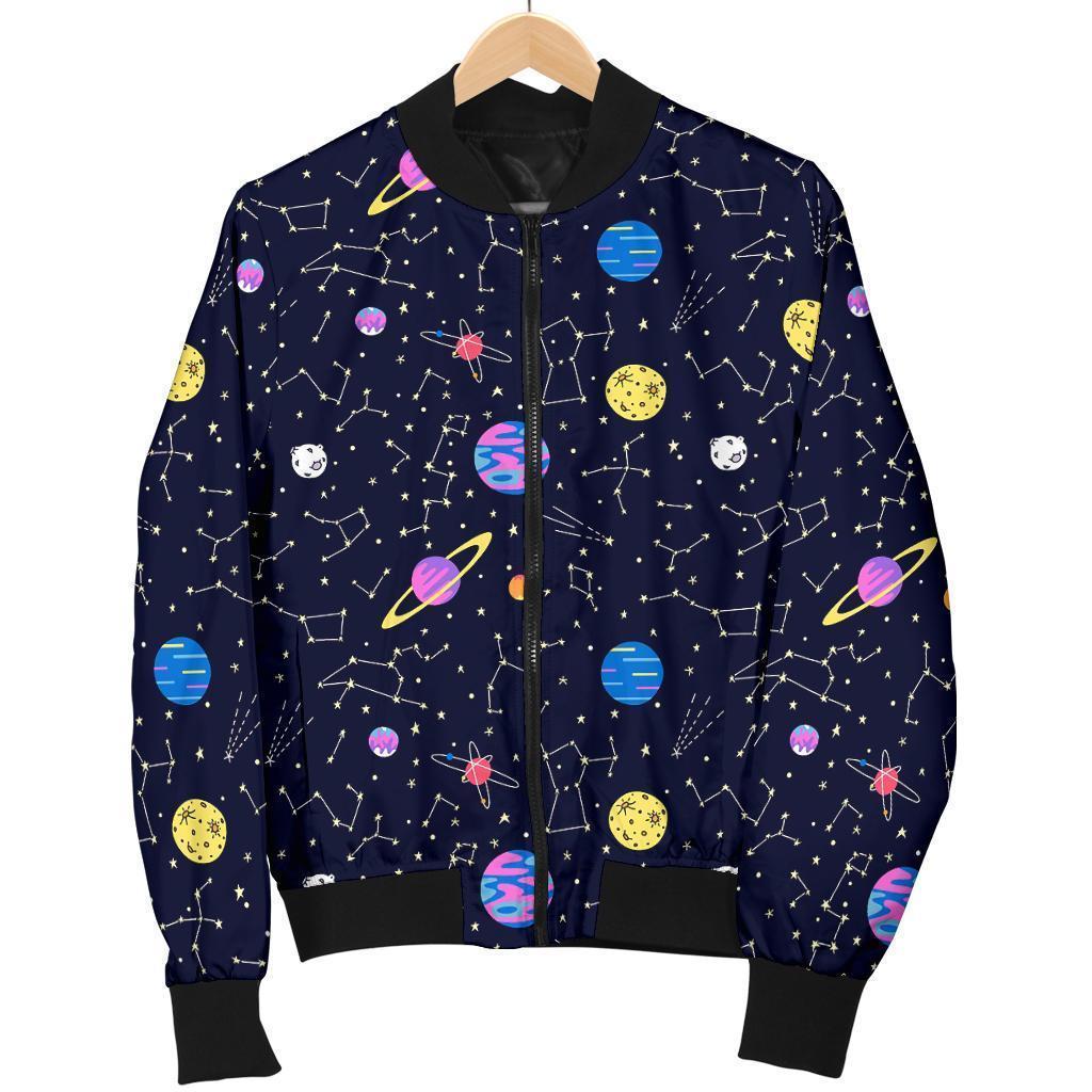 Constellation Planet Print Pattern Women Casual Bomber Jacket-grizzshop