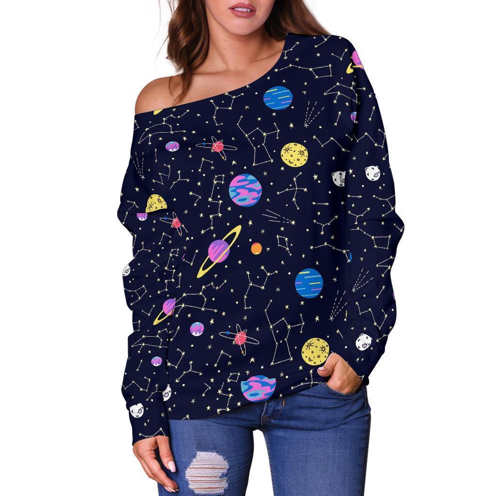 Constellation Planet Print Pattern Women Off Shoulder Sweatshirt-grizzshop