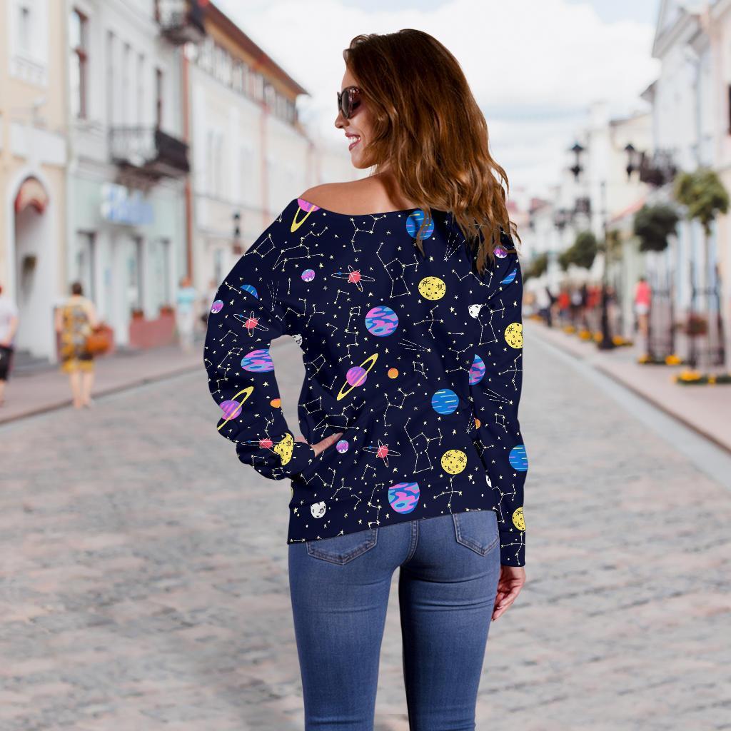 Constellation Planet Print Pattern Women Off Shoulder Sweatshirt-grizzshop