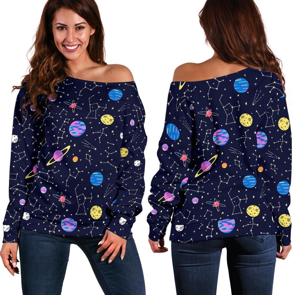 Constellation Planet Print Pattern Women Off Shoulder Sweatshirt-grizzshop