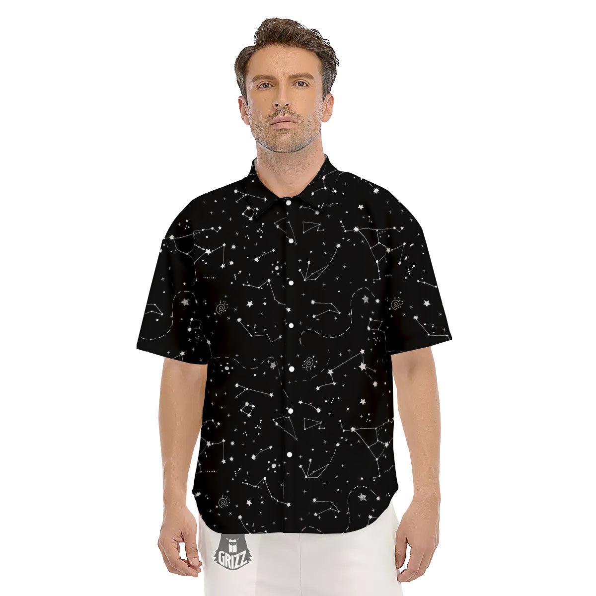 Constellation White And Black Print Men's Short Sleeve Shirts-grizzshop