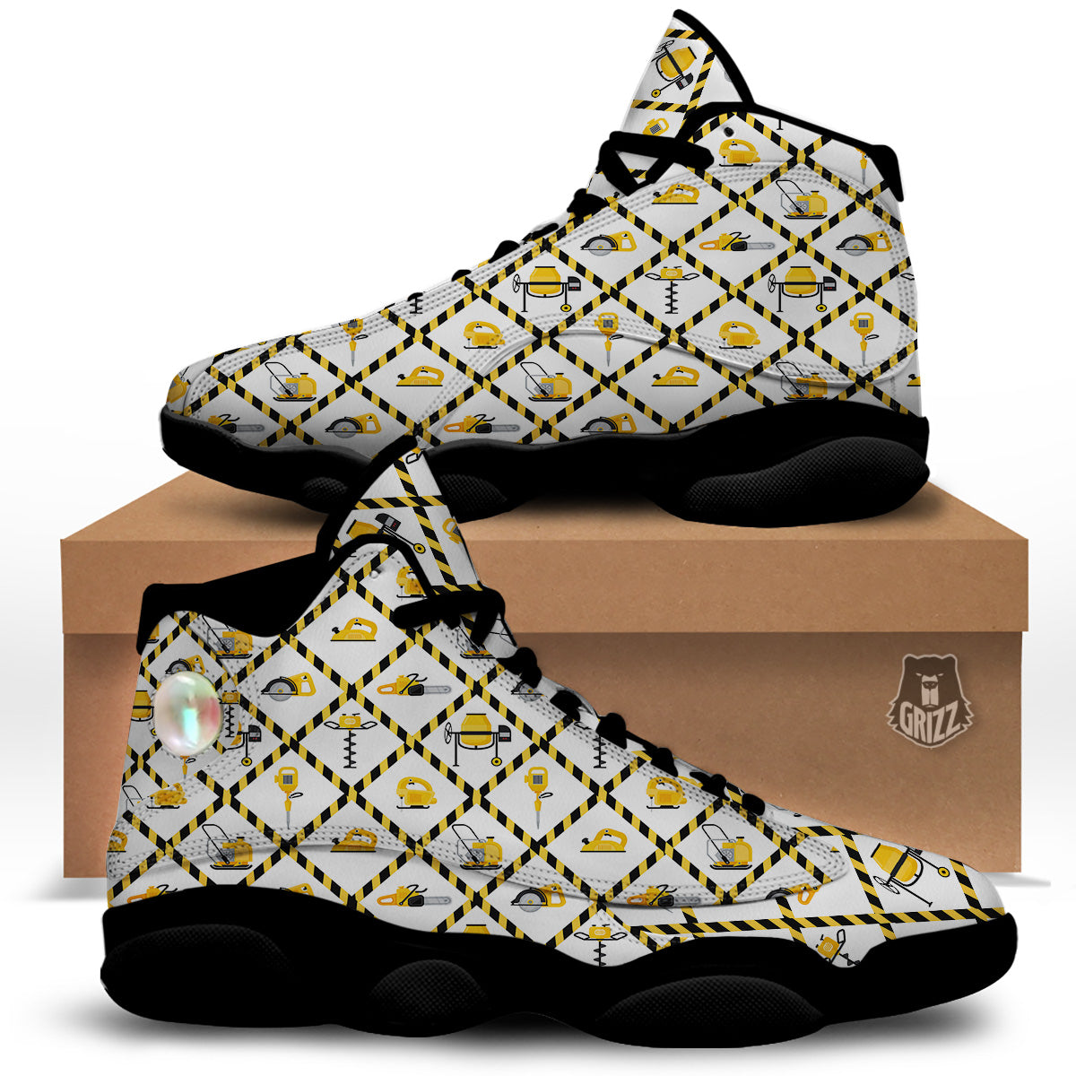 Construction Equipment Yellow Print Pattern Black Basketball Shoes-grizzshop