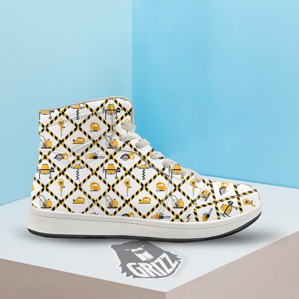Construction Equipment Yellow Print Pattern High Top Sneakers-grizzshop