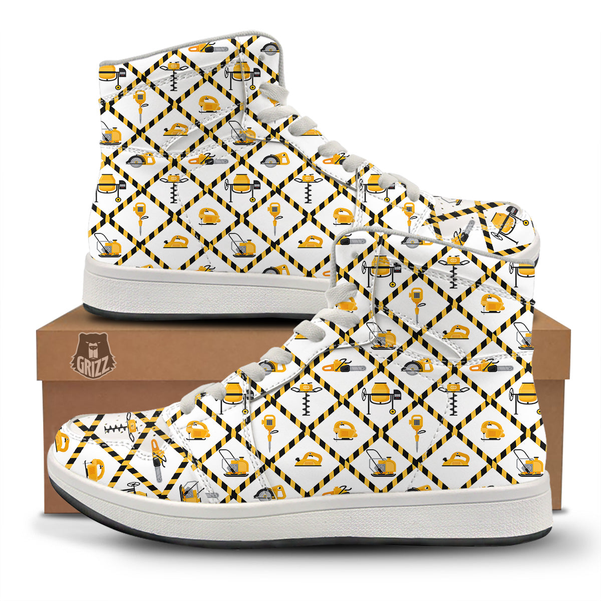Construction Equipment Yellow Print Pattern High Top Sneakers-grizzshop