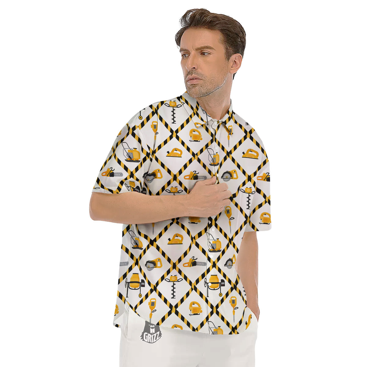 Construction Equipment Yellow Print Pattern Men's Short Sleeve Shirts-grizzshop