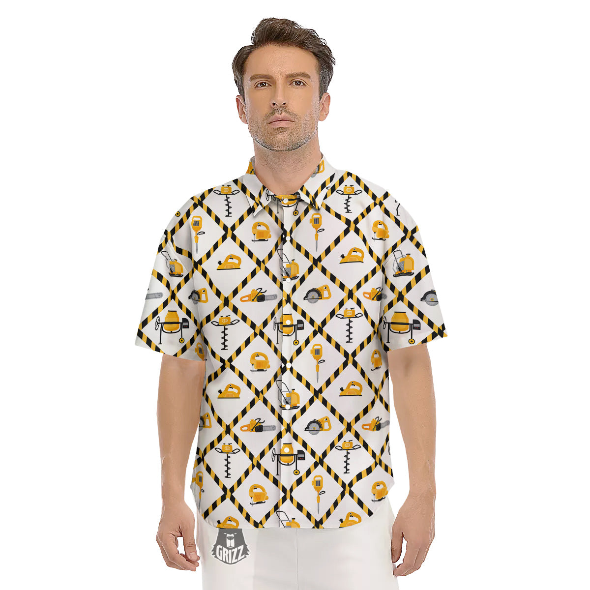 Construction Equipment Yellow Print Pattern Men's Short Sleeve Shirts-grizzshop