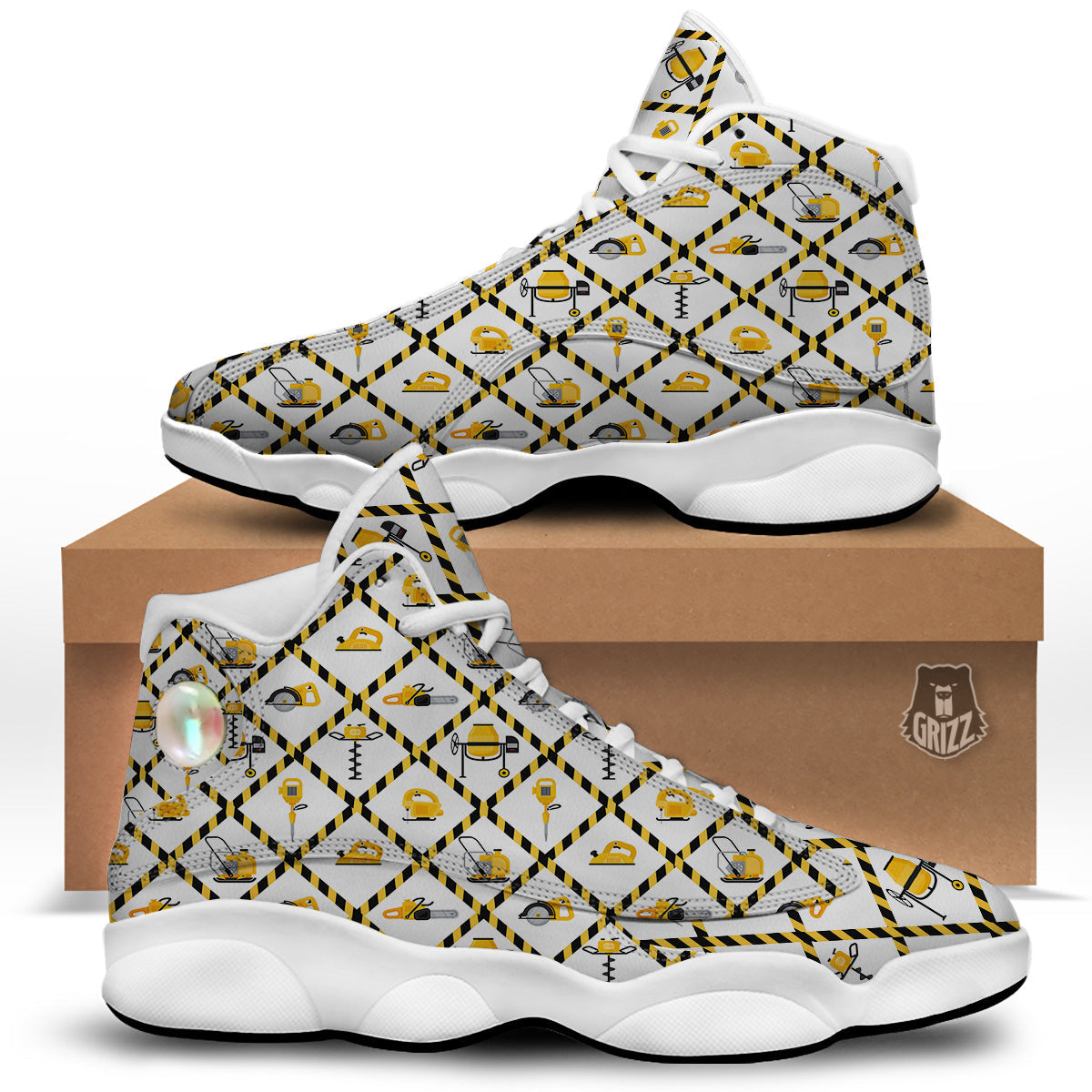 Construction Equipment Yellow Print Pattern White Basketball Shoes-grizzshop