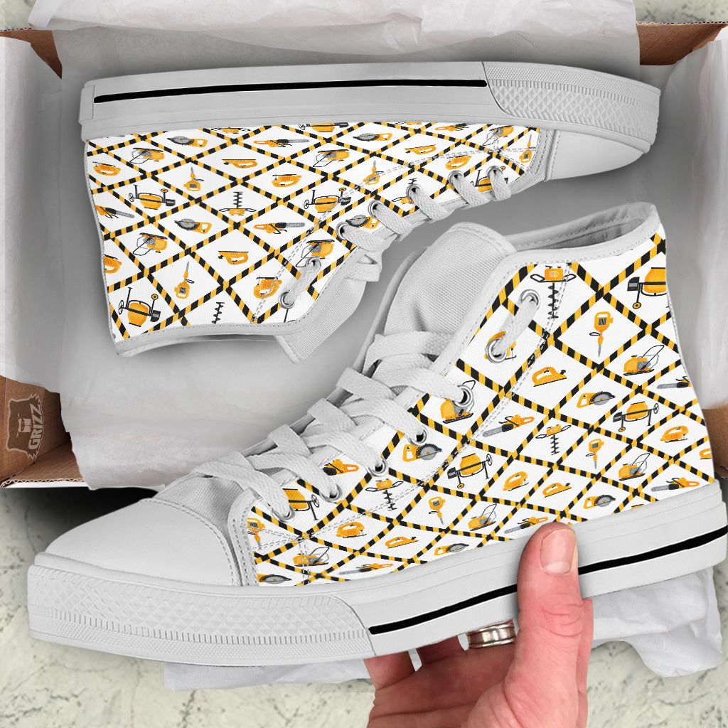 Construction Equipment Yellow Print Pattern White High Top Shoes-grizzshop