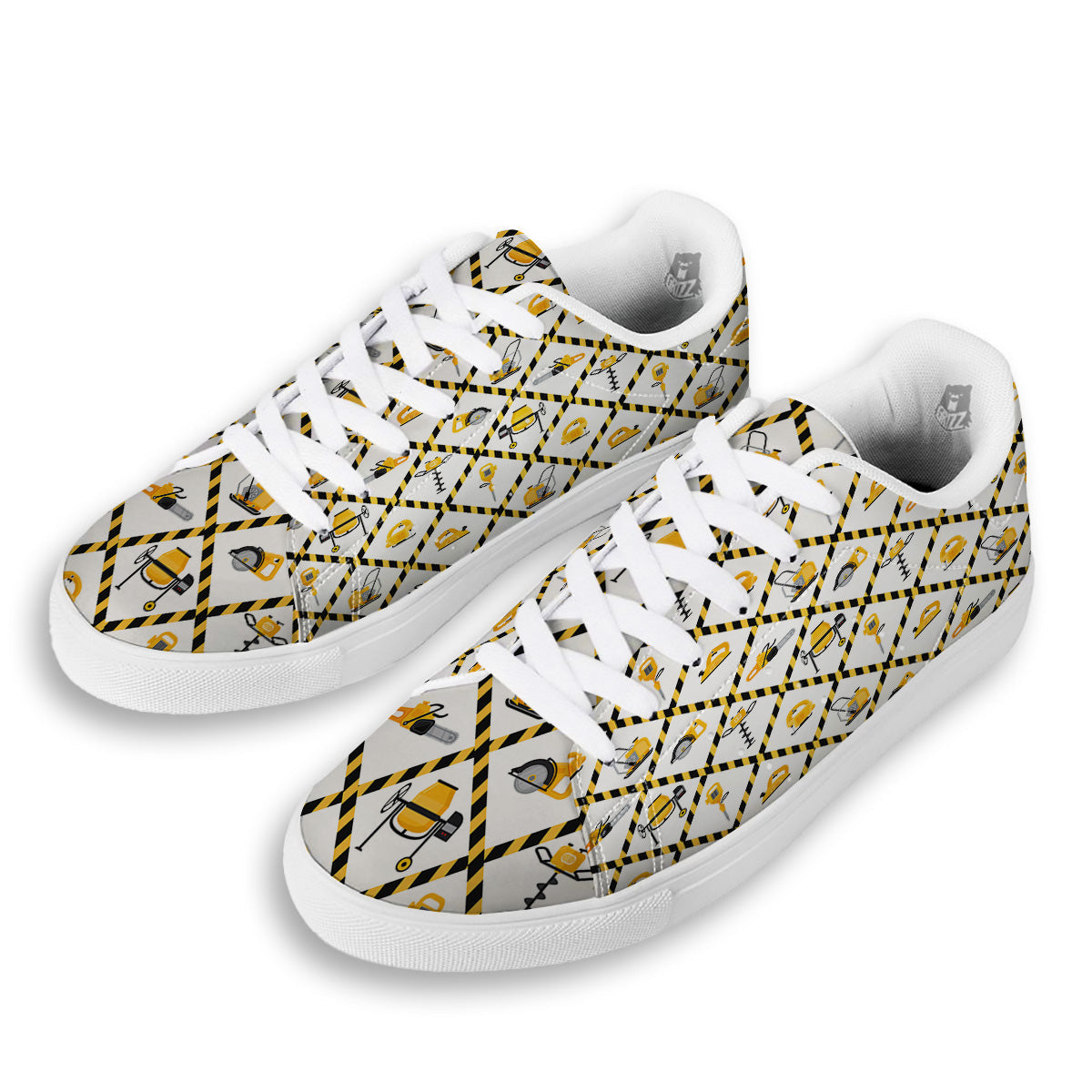 Construction Equipment Yellow Print Pattern White Low Top Sneakers-grizzshop