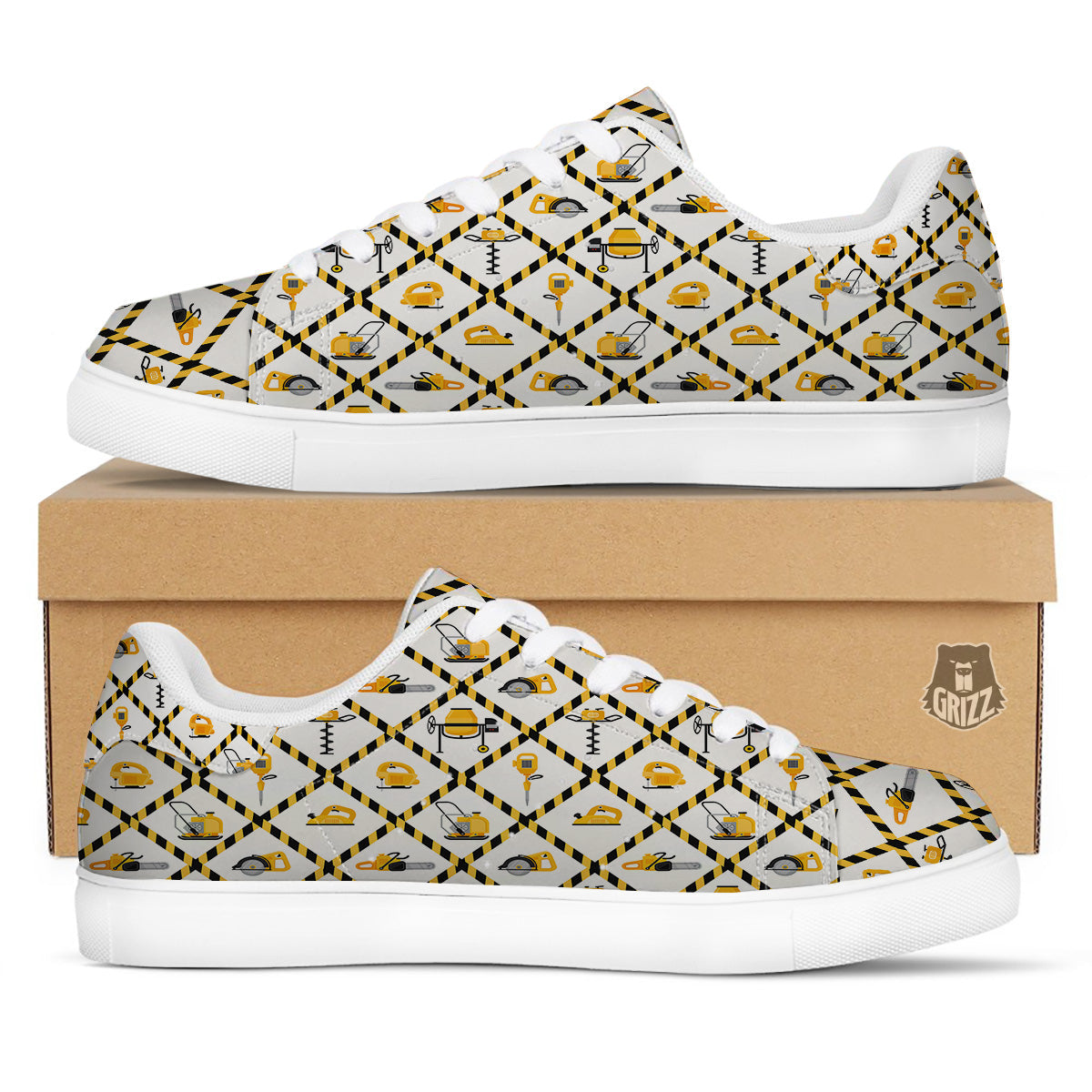 Construction Equipment Yellow Print Pattern White Low Top Sneakers-grizzshop