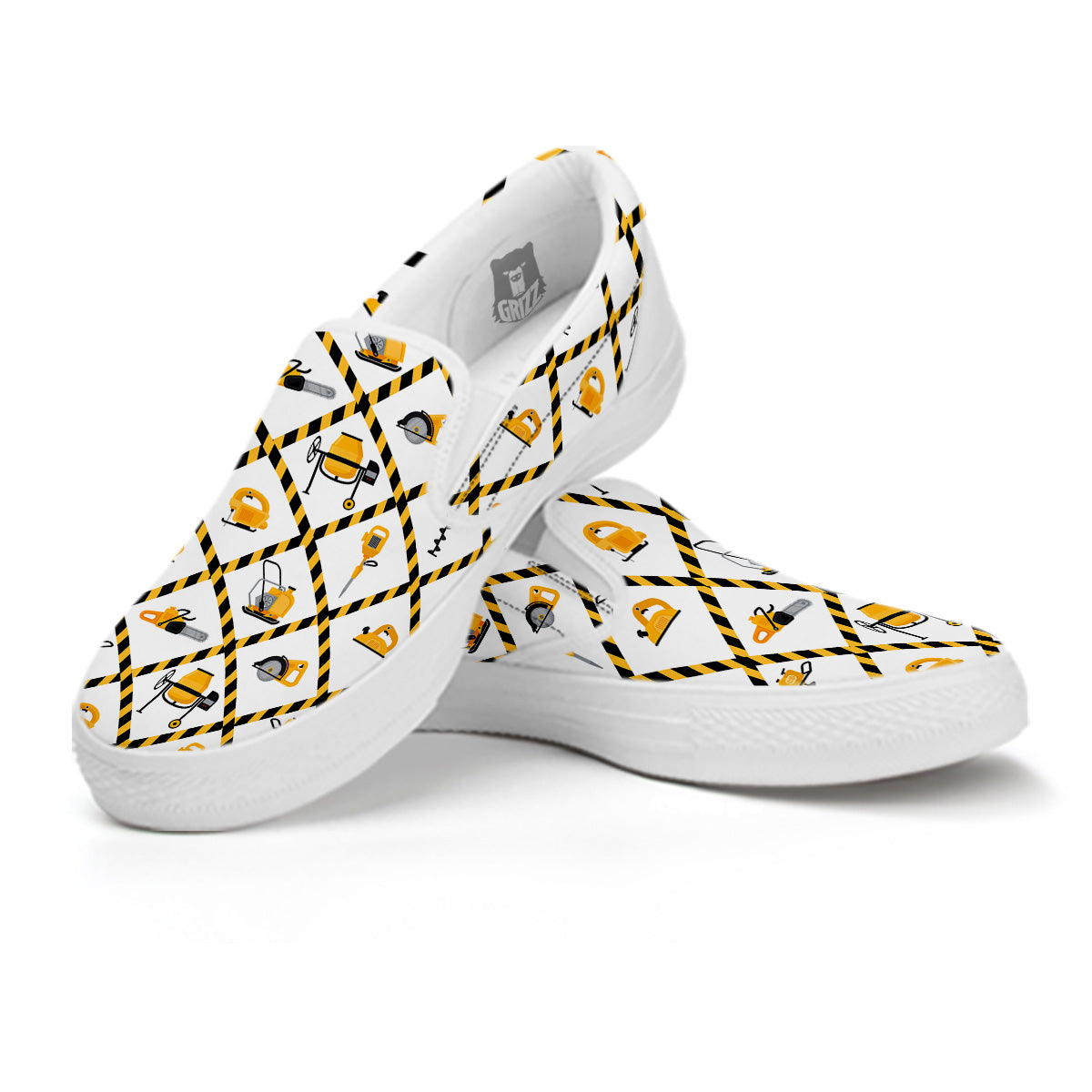 Construction Equipment Yellow Print Pattern White Slip On Shoes-grizzshop