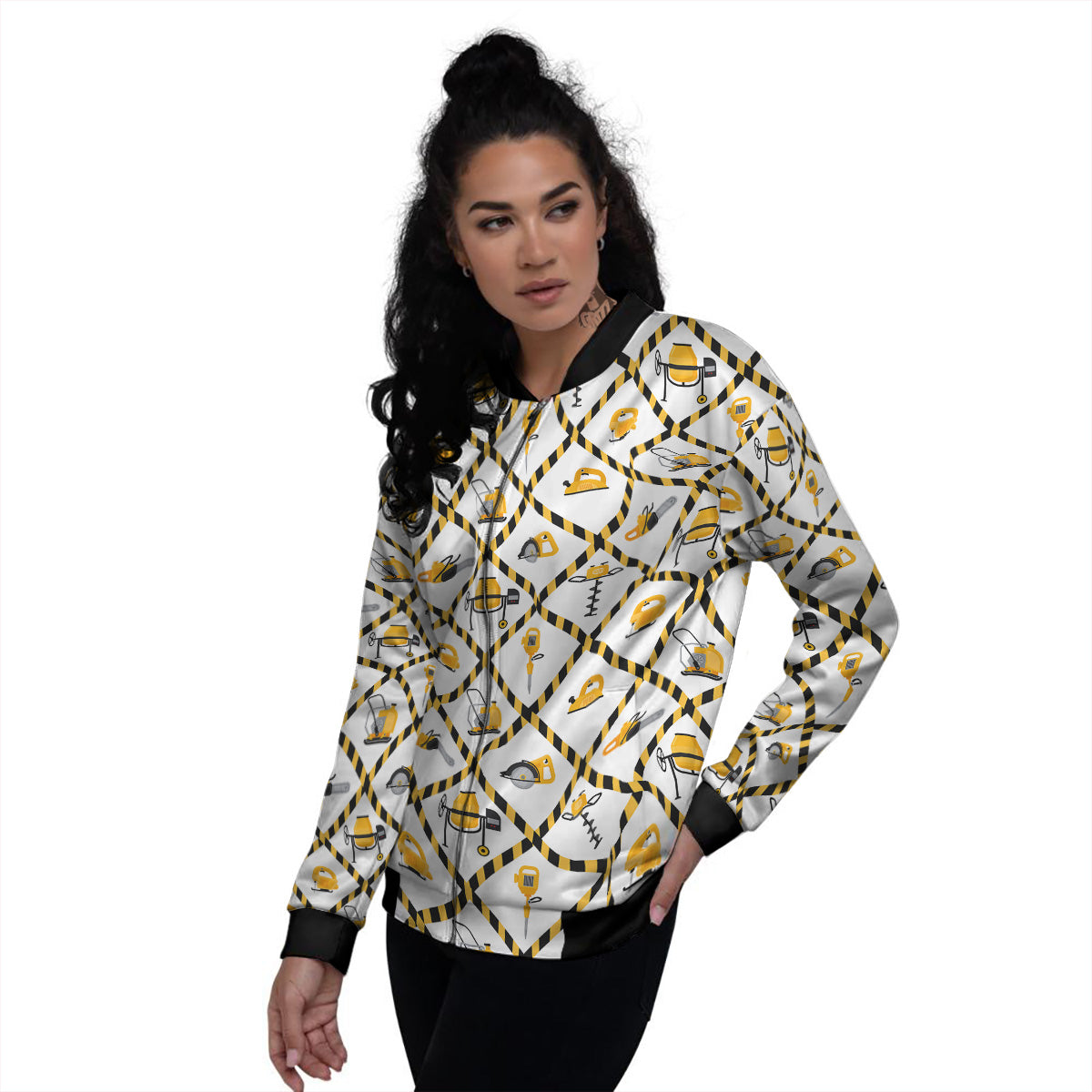 Construction Equipment Yellow Print Pattern Women's Bomber Jacket-grizzshop