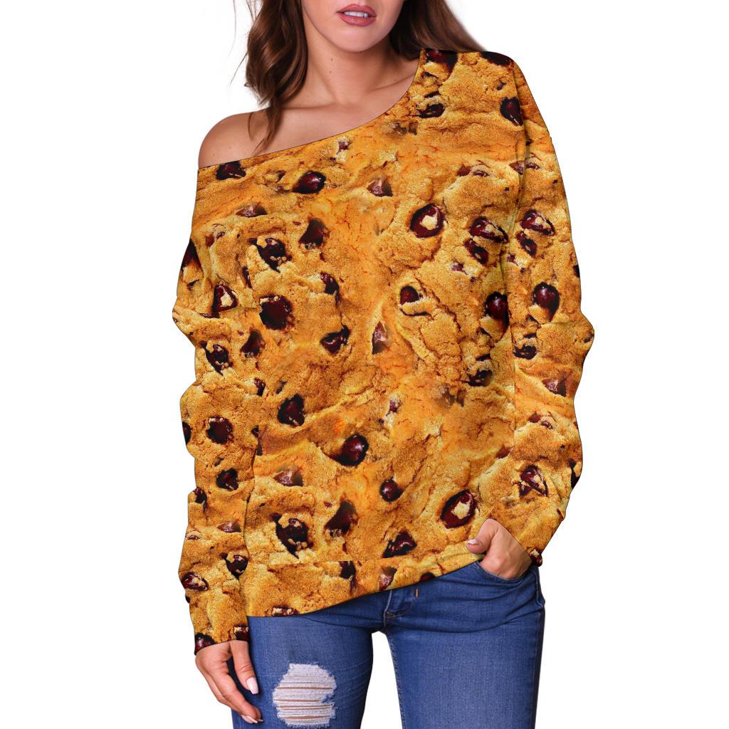 Cookie Biscuit Pattern Print Women Off Shoulder Sweatshirt-grizzshop