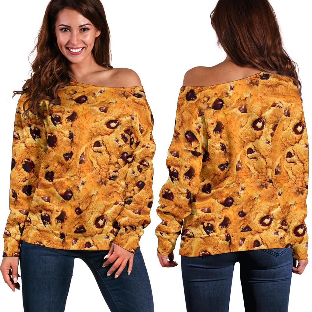 Cookie Biscuit Pattern Print Women Off Shoulder Sweatshirt-grizzshop