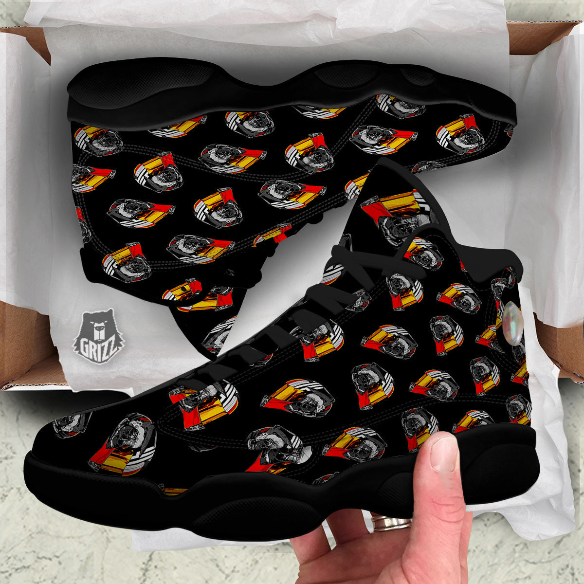 Cool Biker Helmet Print Pattern Black Basketball Shoes-grizzshop