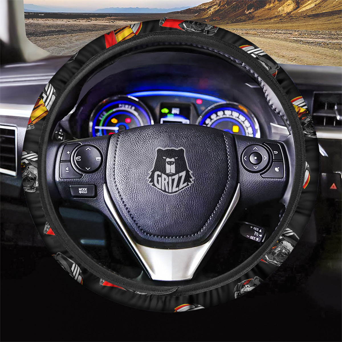 Cool Biker Helmet Print Pattern Car Steering Wheel Cover-grizzshop