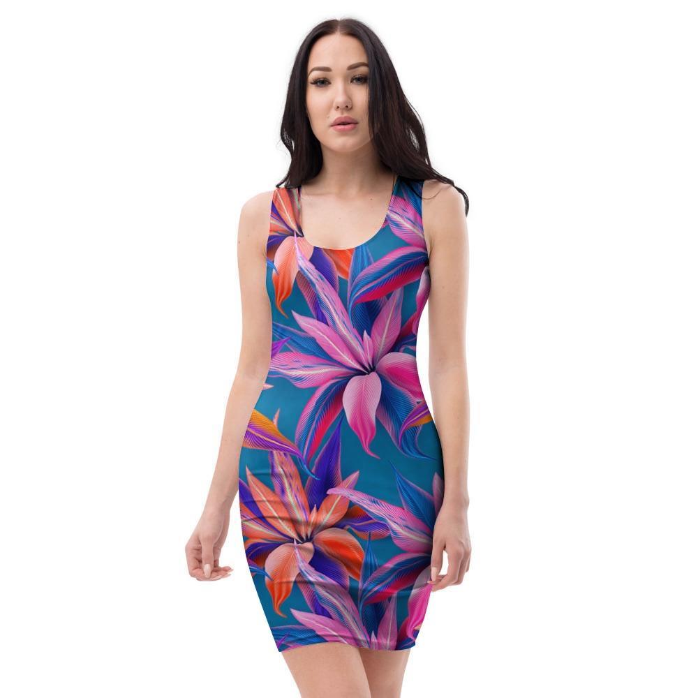 Cordyline Tropical Floral Print Bodycon Dress-grizzshop