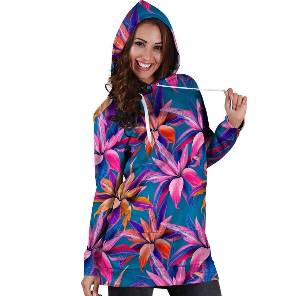 Cordyline Tropical Floral Print Hoodie Dress-grizzshop