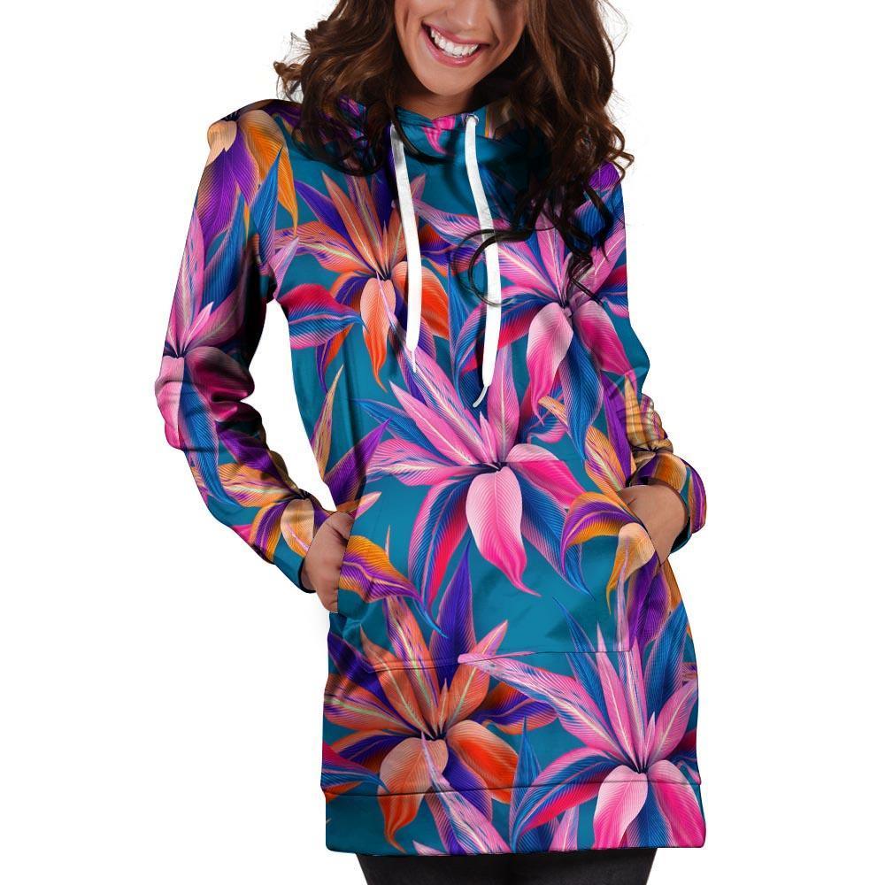 Cordyline Tropical Floral Print Hoodie Dress-grizzshop